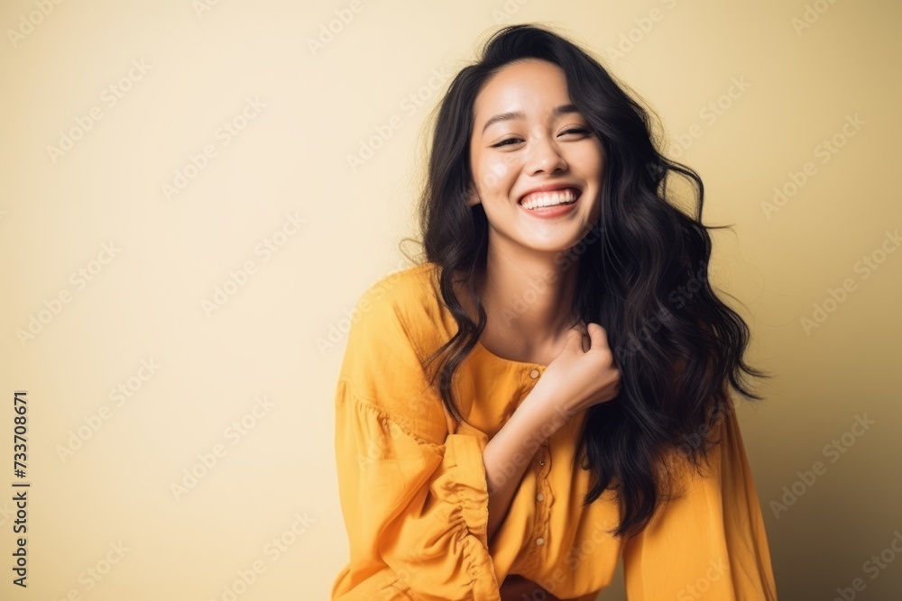 Portrait of a beautiful young asian woman smiling on yellow background Portrait of a beautiful young asian woman smiling on yellow background