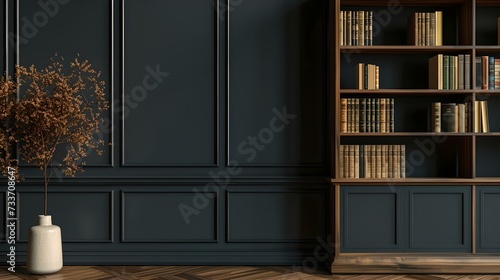 Cozy reading nook with blue paneled walls and wooden bookshelf. minimalist home decor. elegant interior design space. ideal for modern lifestyle content. AI photo