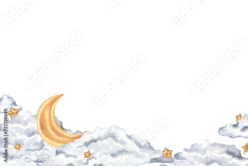 Sky vector Frame Border. Watercolor banner made of clouds and moon with golden stars. Hand drawn on white isolated Background. Free space for text and inscription. Card and invitation template