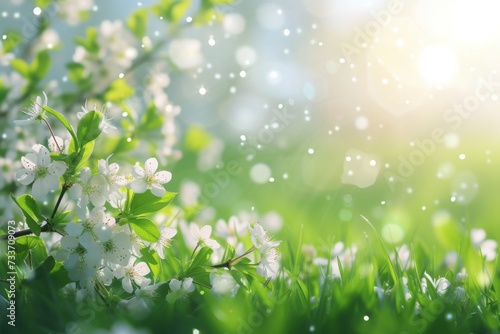 Spring and Summer Banner: White Flowers Against a Lush Green Background, Offering Ample Copyspace for Your Seasonal Messages and Promotions
