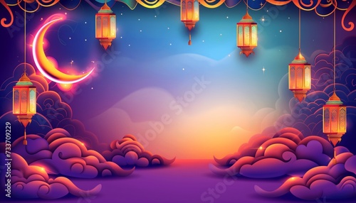 Ramadan kareem with beautiful crescent and lantern with an empty space in the middle.
