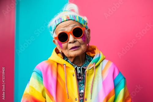 Portrait of an elderly woman in a bright colorful hoodie.