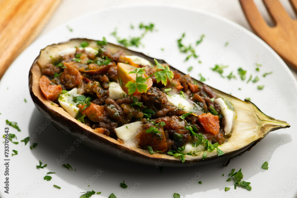 Eggplant tapa stuffed with beef and mozzarella. Traditional recipe of Spanish gastronomy. Eggplant tapa stuffed with beef and mozzarella. Traditional recipe of Spanish gastronomy.