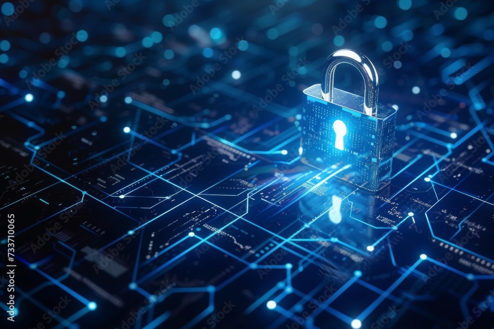 Abstract Cyber Security Lock Symbol on Blue Background, Signifying Digital Security and Protection in the Online Realm