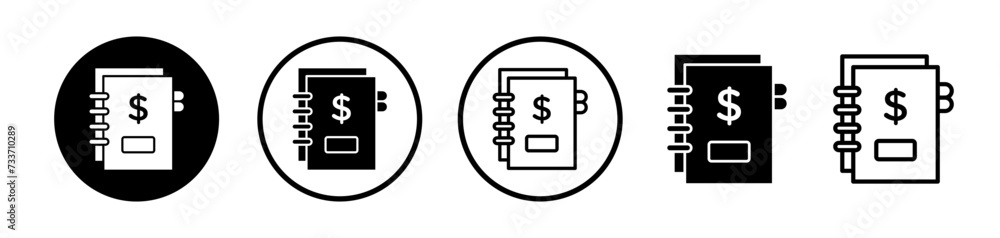 Accounting Ledger Line Icon. Financial journal coins icon in black and white color. - obrazy, fototapety, plakaty 