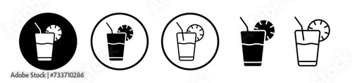 Refreshing Beverage Line Icon. Iced drink straw icon in black and white color.