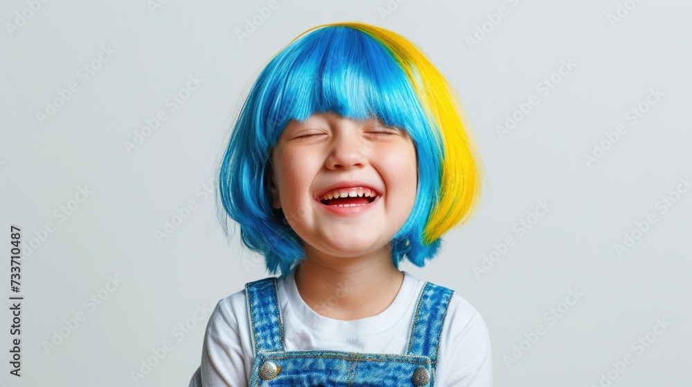 funny child with down syndrome in a blue and yellow wig, colors symbol of down syndrome, white background. funny child with down syndrome in a blue and yellow wig, colors symbol of down syndrome, white background.