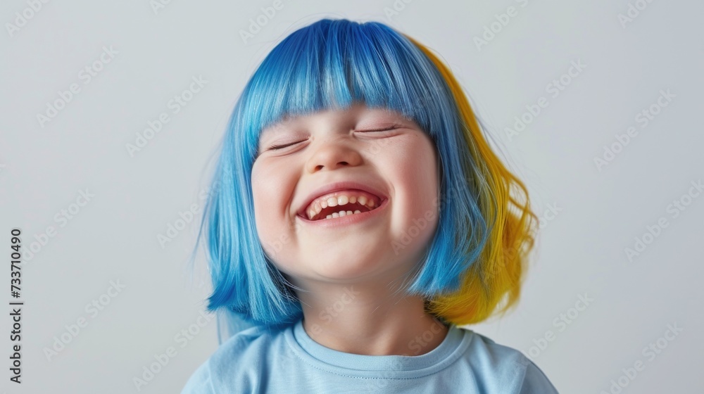 funny child with down syndrome in a blue and yellow wig, colors symbol of down syndrome, white background. funny child with down syndrome in a blue and yellow wig, colors symbol of down syndrome, white background.