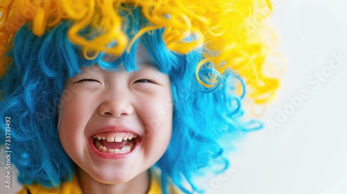 funny child with down syndrome in a blue and yellow wig, colors symbol of down syndrome, white background. 