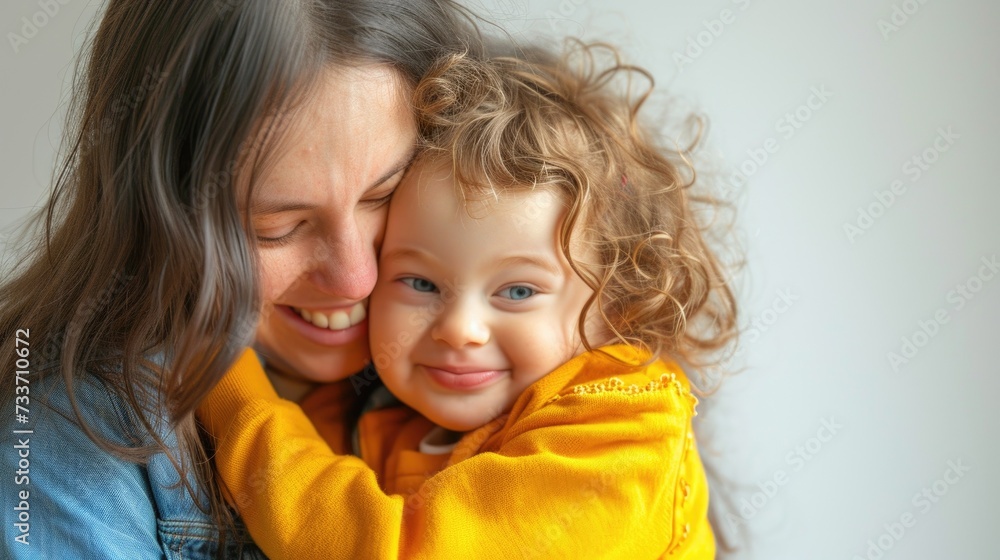 cropped portrait of mother and little child hugging, blue and yellow colors symbol of World Down Syndrome Day. Autism, disability, solidarity, awareness cropped portrait of mother and little child hugging, blue and yellow colors symbol of World Down Syndrome Day. Autism, disability, solidarity, awareness