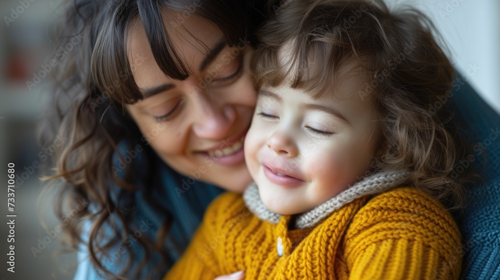 cropped portrait of mother and little child hugging, blue and yellow colors symbol of World Down Syndrome Day. Autism, disability, solidarity, awareness cropped portrait of mother and little child hugging, blue and yellow colors symbol of World Down Syndrome Day. Autism, disability, solidarity, awareness