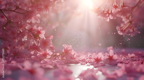 blooming sakura trees and sakura flowers close up in the light of the sun with place for text and free space