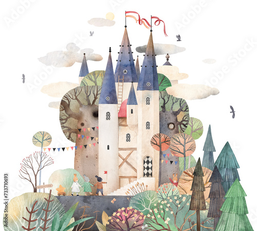 Castle in the forest. Cute city among the clouds and trees. Decor for a children room. Watercolor background.