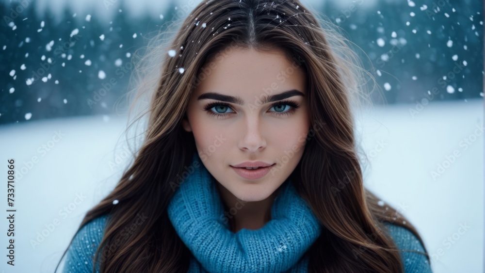 A smiling young woman in a blue sweater is captured in close-up as delicate snowflakes gently fall around her against the backdrop of winter mountains. A smiling young woman in a blue sweater is captured in close-up as delicate snowflakes gently fall around her against the backdrop of winter mountains.
