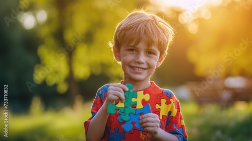 World autism awareness day. Portrait of a cute  kid with the colorful puzzles pieces. Autism Spectrum Disorder concept, ASD, Syndrome, child mental health concept, autistic kid