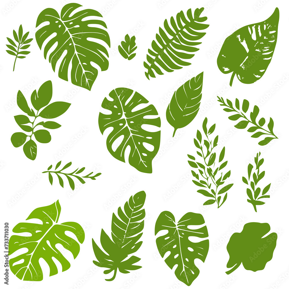 Green silhouette houseplants leaves pattern.