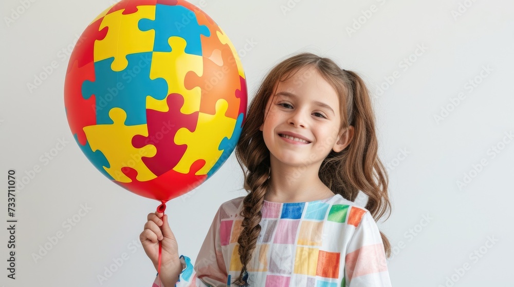 World autism awareness day April 2. Autism Spectrum Disorder concept, ASD. Little girl with colorful puzzle design balloon symbol of public awareness for autism spectrum disorder. Caring, Speak out World autism awareness day April 2. Autism Spectrum Disorder concept, ASD. Little girl with colorful puzzle design balloon symbol of public awareness for autism spectrum disorder. Caring, Speak out