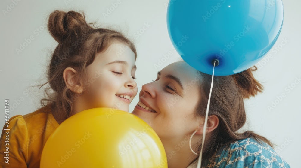 Portrait of happy mother and daughter hugging with two blue and yellow balloons, colors symbol of World Down Syndrome Day. White background. Autism, disability, solidarity, awareness Portrait of happy mother and daughter hugging with two blue and yellow balloons, colors symbol of World Down Syndrome Day. White background. Autism, disability, solidarity, awareness
