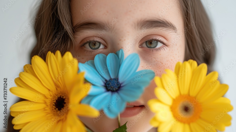 World Down Syndrome Day. Children girl with blue and yellow flowers. Down syndrome awareness day flower on white background World Down Syndrome Day. Children girl with blue and yellow flowers. Down syndrome awareness day flower on white background