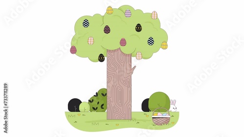 Easter bunnies tree springtime line 2D characters animation. Ostereierbaum eggs hunt Eastertide flat color cartoon 4K video, alpha channel. Eastertime rabbits animated animals on white background photo