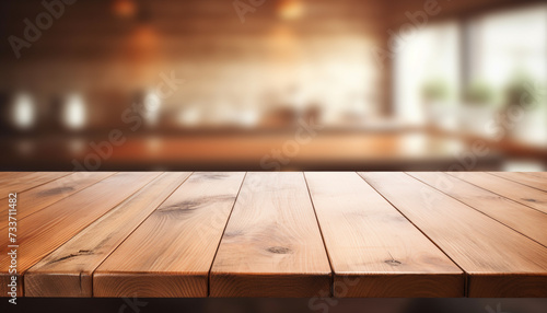 Wooden table on blurred kitchen background