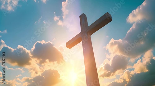 large cross in the field with blue sky Generative AI photo