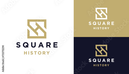 Golden Initial Letter S H SH with Modern Elegant Luxury Square Line Art Logo Design photo