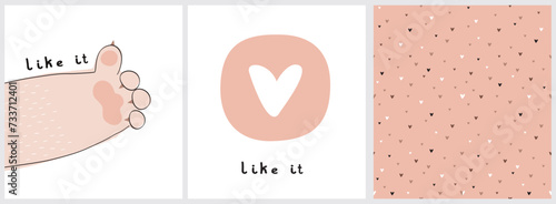 Set of Cute Hand Drawn Illustrations  for Cat Lovers. Seamless Vector Pattern with Tiny Hearts. Cat's Paw With Thumbs Up, Showing "like". White Heart in Round Shaped Frame with Handwritten "Like it". 