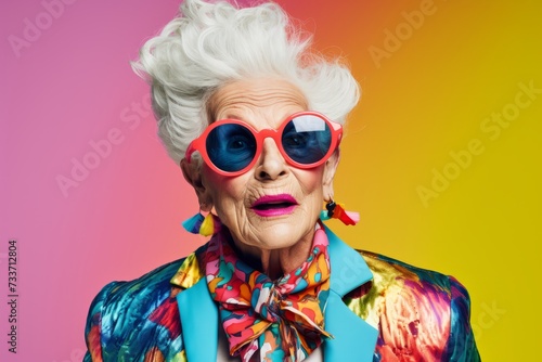 Fashionable senior woman in sunglasses. Portrait of a beautiful happy elderly woman.