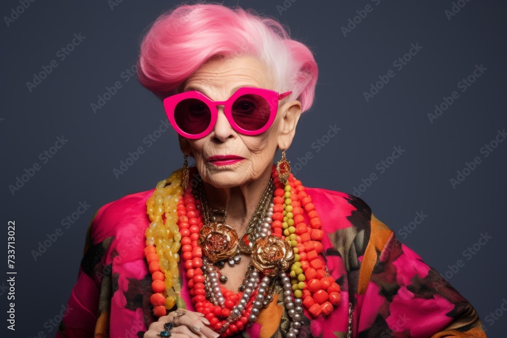 Portrait of beautiful senior woman with pink hair wearing sunglasses and necklace.