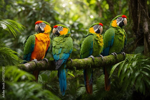 A group of colorful parrots in a jungle