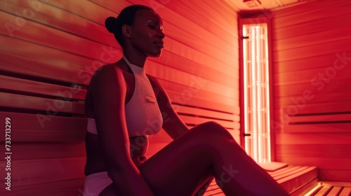 Portrait of a woman in a sauna with red light therapy. photo