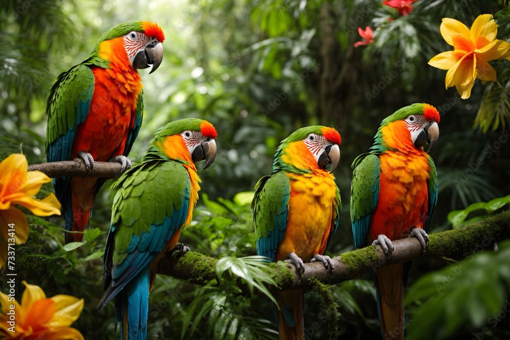 A group of colorful parrots in a jungle