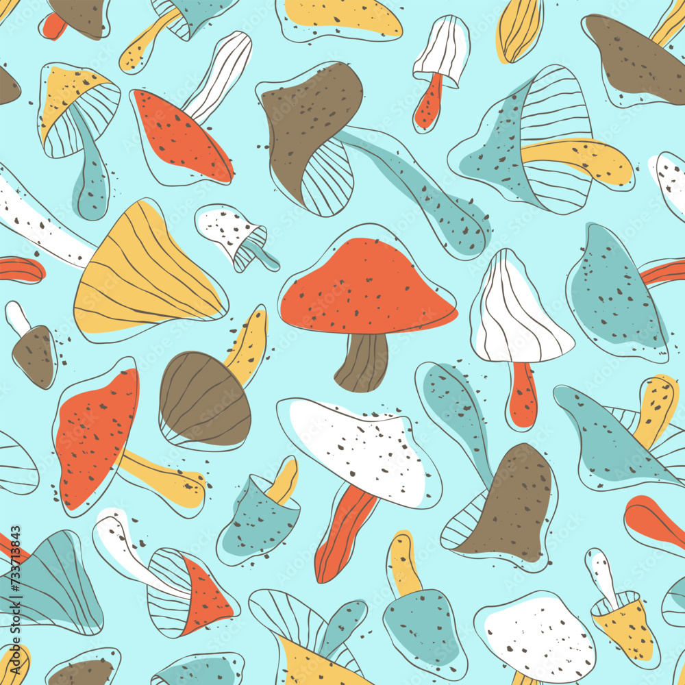 Pattern with mushrooms of different shapes. Seamless pattern of mushrooms scattered on the background. Fabric design. Flat vector illustration. Pattern with mushrooms of different shapes. Seamless pattern of mushrooms scattered on the background. Fabric design. Flat vector illustration.