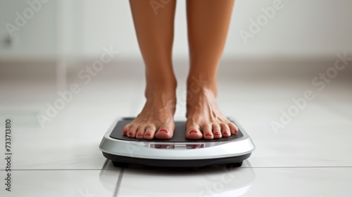 Close-up of a woman's legs standing on a scale. Concept of reducing and regulating body weight.