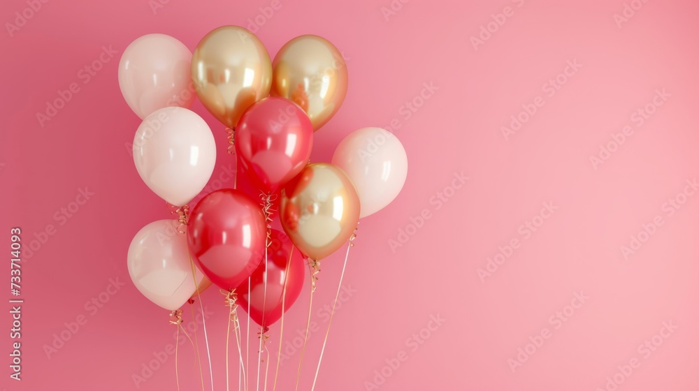 Pink holiday background with balloons in gold, red, and pink colors, with place for text. Banner for a birthday, Valentine's day, holiday event. Pink holiday background with balloons in gold, red, and pink colors, with place for text. Banner for a birthday, Valentine's day, holiday event.