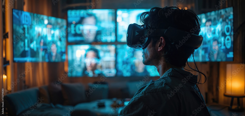 A man in vr goggles explores a digital world, oblivious to the human face on the wall of the dimly lit room A man in vr goggles explores a digital world, oblivious to the human face on the wall of the dimly lit room
