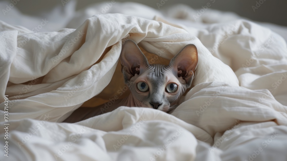 An affectionate and heat-loving sphinx cat lies on a snow-white bed. The appearance of a cat without hair is an ideal solution for people prone to allergies. An affectionate and heat-loving sphinx cat lies on a snow-white bed. The appearance of a cat without hair is an ideal solution for people prone to allergies.