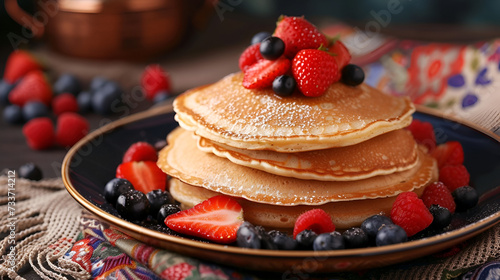 Shrovetide banner  pancakes with berries closeup with free space on dark background with space for text