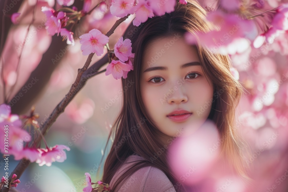 Fototapeta premium Young woman with a serene expression among pink cherry blossoms.