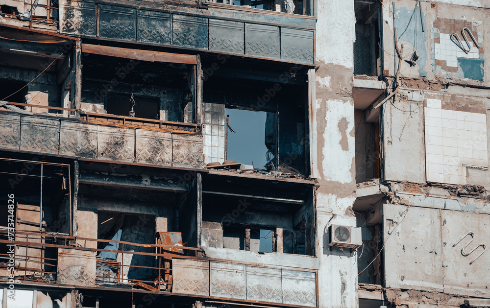 destroyed and burned houses in the city Russia Ukraine war