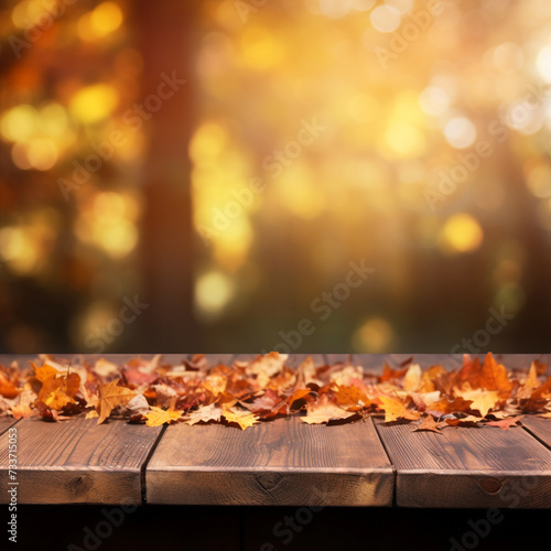 Empty wooden table with autumn blurred background