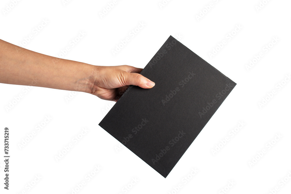 Blank black book cover in hand on transparent background. Blank black book cover in hand on transparent background.