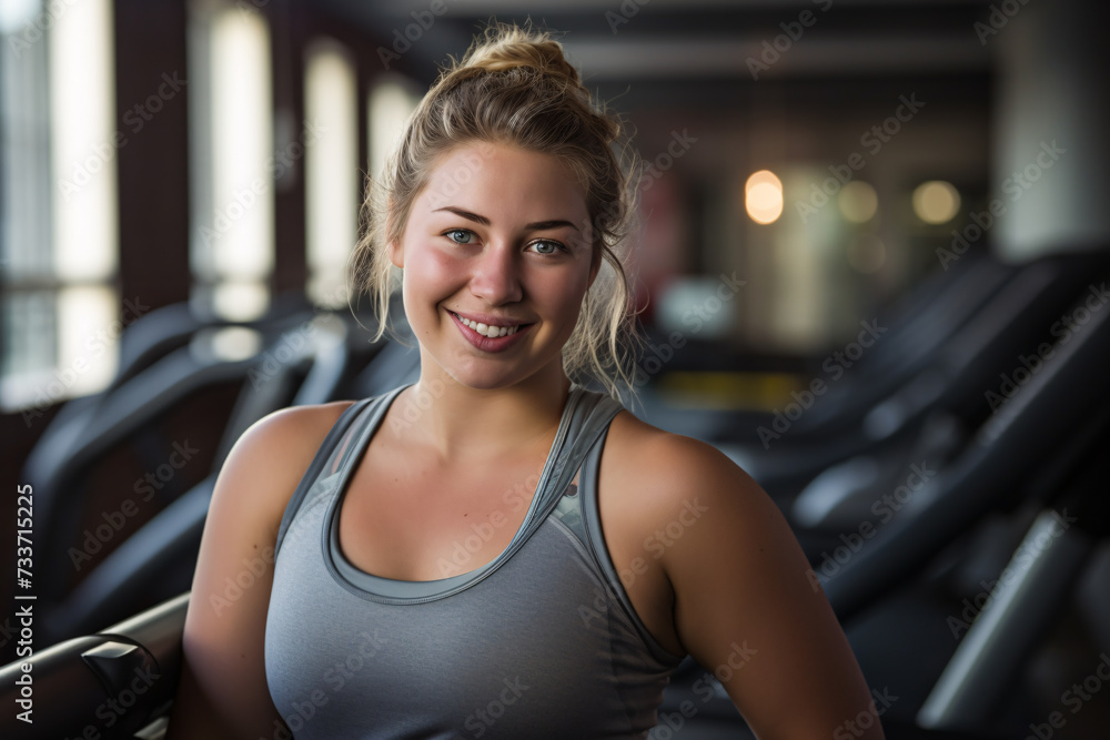 20s plus size young woman in tang top smiling in gym 