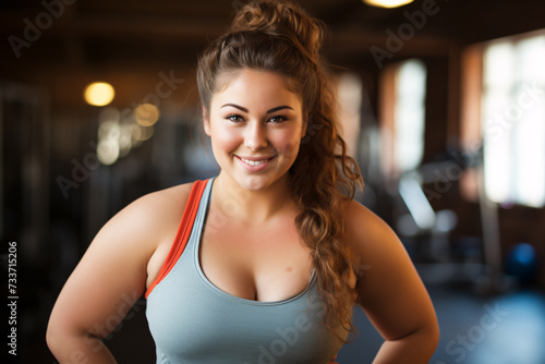 portrait of smiling plus size fat young woman in gym