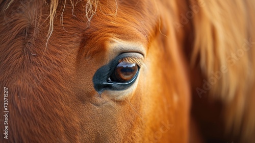 Close-up of a chestnut horse's eye. Macro shot with focus on detail.
