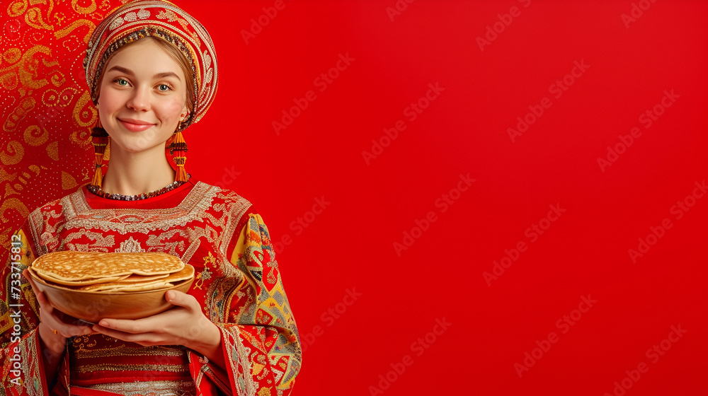 Maslenitsa banner with free space. A beautiful, slender girl of Slavic appearance holds a plate with pancakes in her hands on a red background with a gold pattern and space for text. Maslenitsa banner with free space. A beautiful, slender girl of Slavic appearance holds a plate with pancakes in her hands on a red background with a gold pattern and space for text.