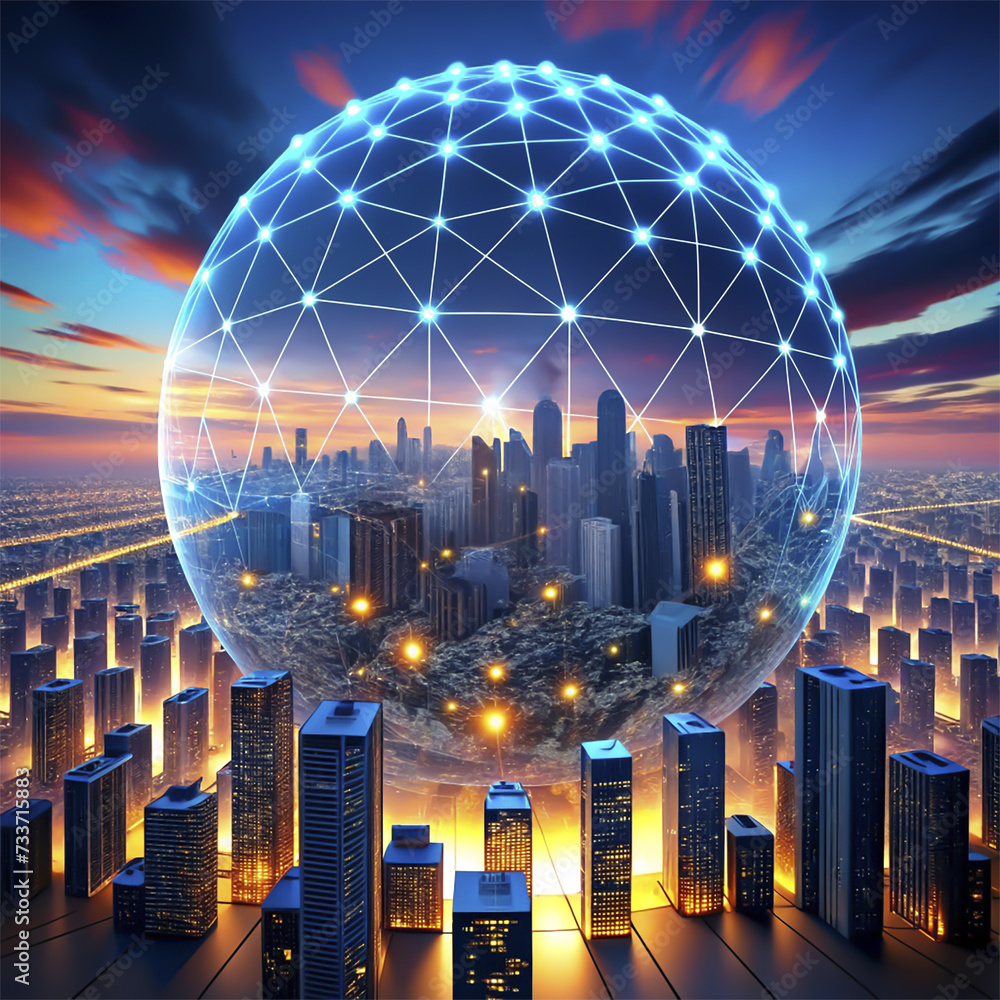 Futuristic city with glowing sphere in the sky. 3d rendering
