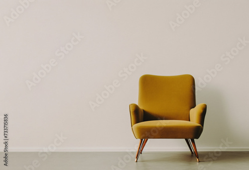 Olive armchair in the right bottom angle with neutral background with copy space 