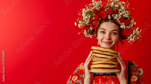 Maslenitsa banner with free space. A beautiful, slender girl of Slavic appearance holds a plate with pancakes in her hands on a red background with a gold pattern and space for text.